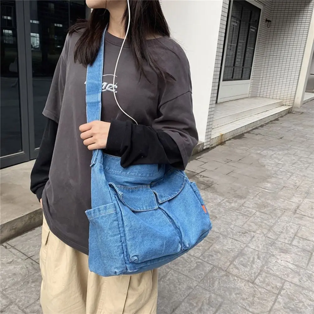 

Модная джинсовая холщовая сумка Y2K, большая вместительная сумка для покупок, винтажная сумка в уличном стиле, однотонная однотонная сумка через плечо для девочек