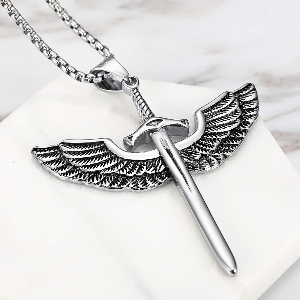 Angel Wings Pendants Necklaces for Men Women Stainless Steel Charm Chain Holy Sword Cross Pendant Unisex Jewelry Accessories