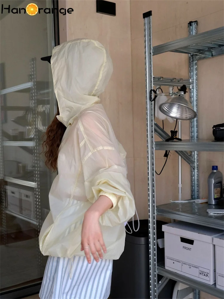 HanOrange 2025 Summer Thin Hoodie Women Half Front Placket Sunscreen Hooded Jacket Soft Nylon Transparent Grey/Creamy Yellow