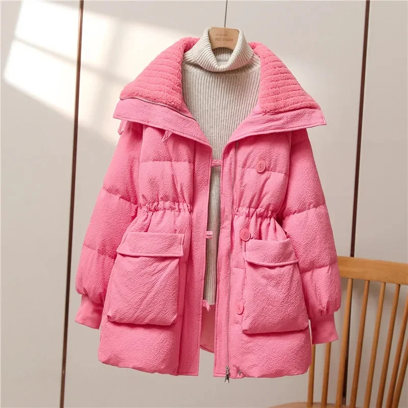 Women Medium Long Styles Lamb Wool Parkas Female Long Sleeves Cotton Padded Parkas Winter Lady Big Collar Warm Cotton Padded Top