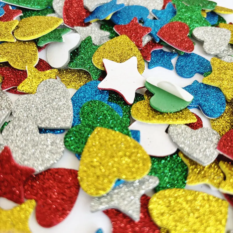 Glitter Star e Hearts Foam Adesivos, Decoração de Natal, Xmas Party Favors, Jardim de Infância Artesanato, Artesanato, 150pcs por lote