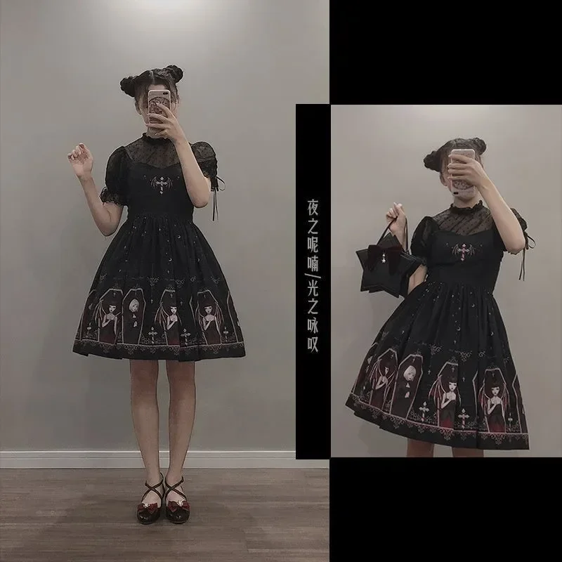 Dark Gothic Teufel Print Kleid Schwarz Japanischen Stil Lolita Jsk Viktorianischen Hosenträger Kleid Loli Sexy Süße Goth Verband Kleider