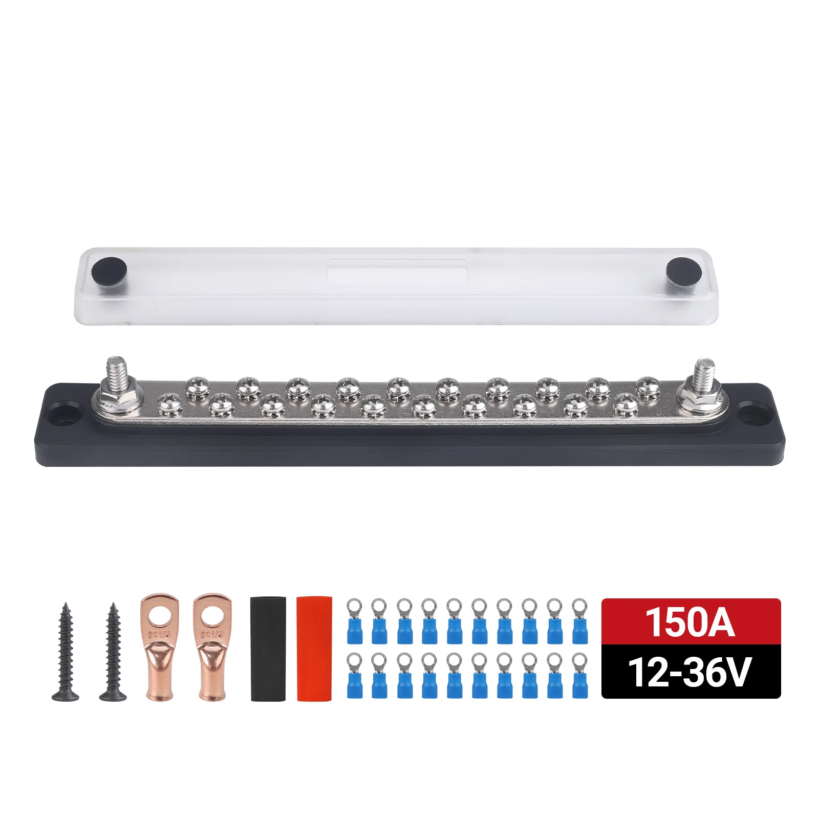 

For ABC 123 M6 Studs Black Power Ground Distribution Bus Bar 20 Terminal Kit Heat Shrink Ring Terminals Cover