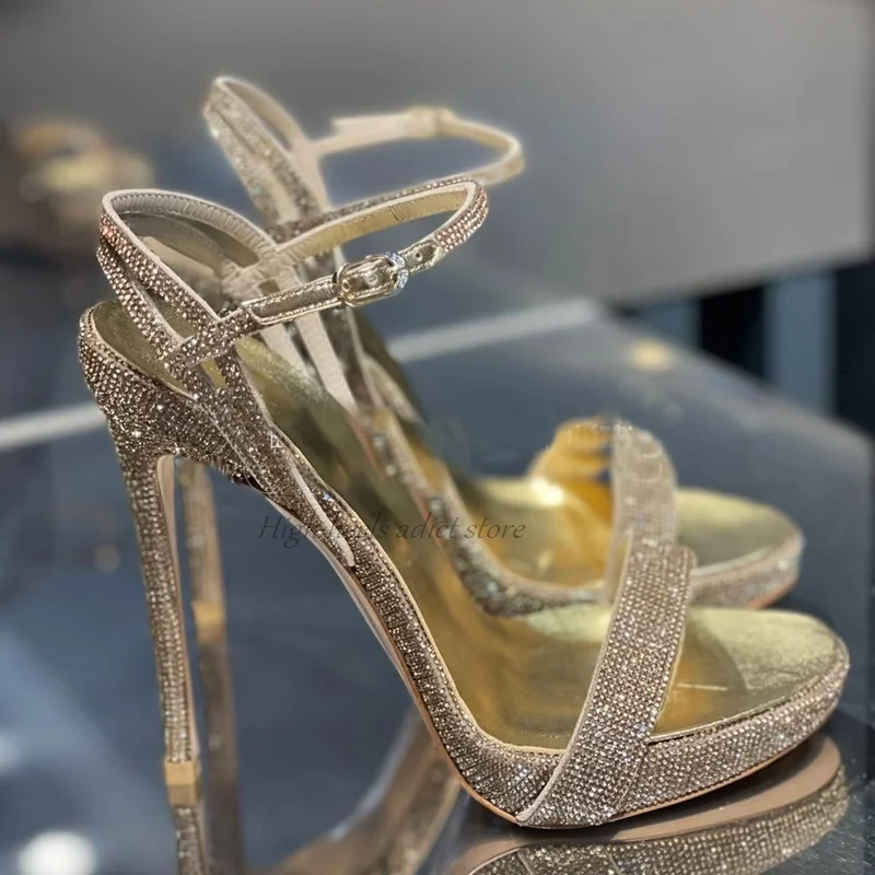 المرأة كريستال بلينغ الساخن الوردي مثير الصنادل صيف جديد في حفل زفاف منصة جلدية 12 سنتيمتر عالية الكعب مصمم أحذية كبيرة الحجم