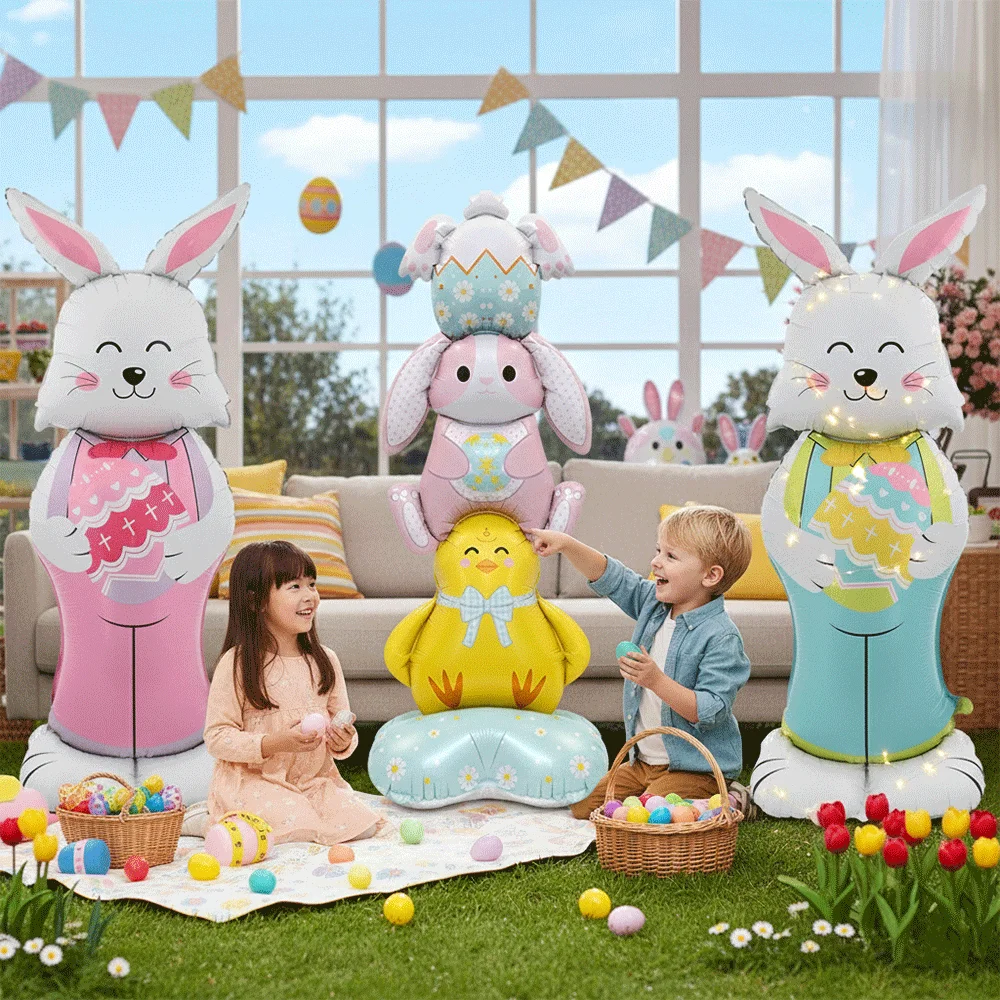 Ballon de pâques debout 3D en aluminium, lapin géant, carotte, poussin, œuf, décoration de fête de pâques, cadeau pour enfants, décor de jardin rempli d'air