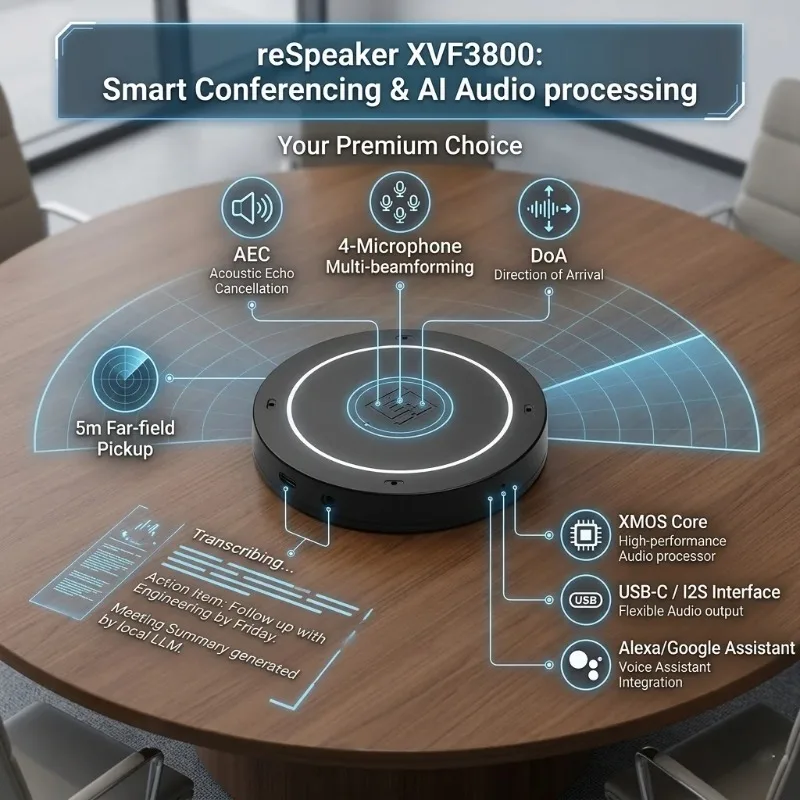 USB Conference Microphone XVF3800 4-Mic Array Far Field Voice Pickup Noise Reduction Meeting Speaker AI Audio Process Plug&Play