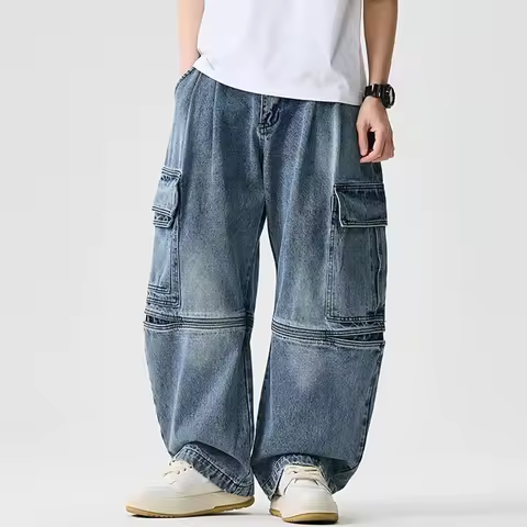 Men Denim Cargo Pants New Arrival 2026 Spring Safari Style Streetwear Vintage Big Pockets Loose Male Casual Wide Leg Jeans N063