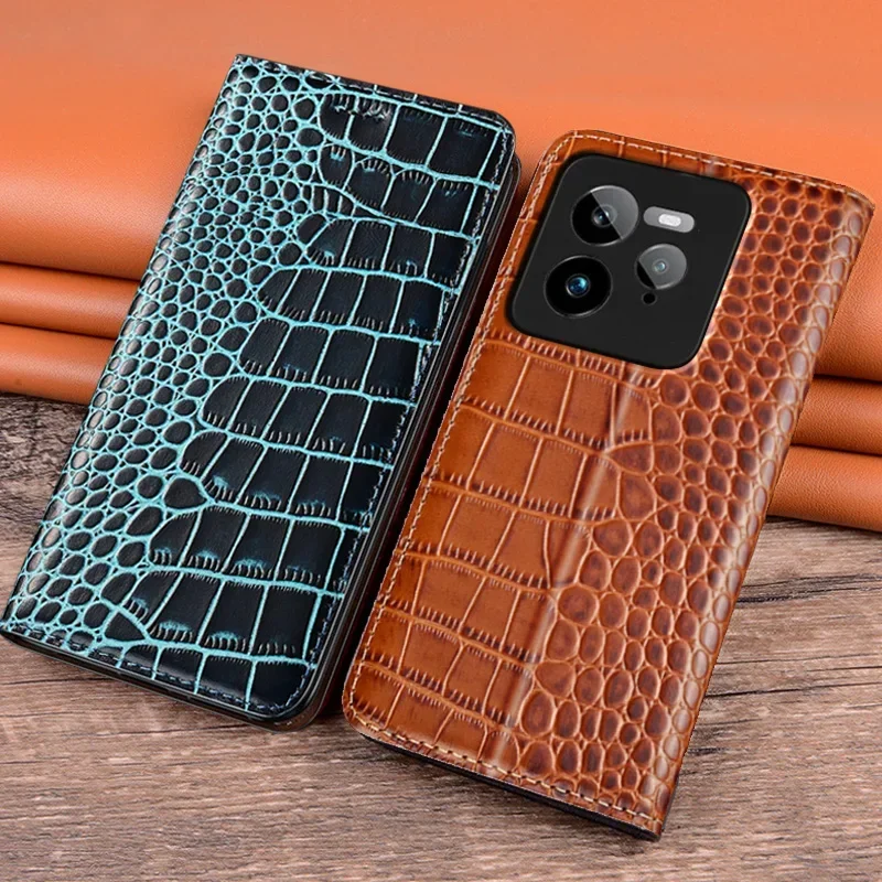 Étui à rabat pour OPPO Realme GT 7 GT7 Pro, couverture magnétique en cuir véritable, peau de vache de luxe, motif Crocodile, poche pour cartes, étui portefeuille