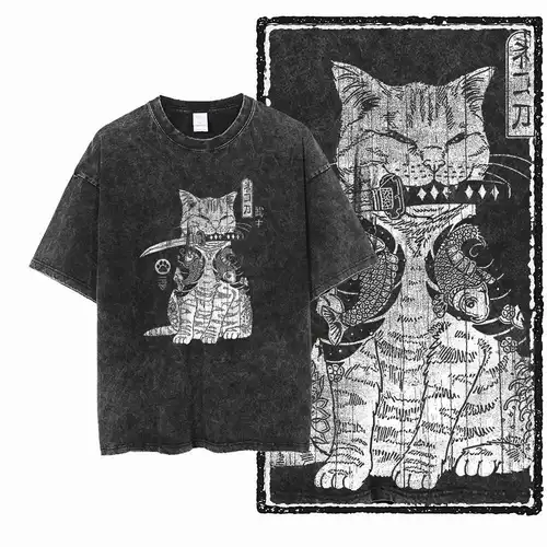 Imagen 2 del producto G49 Camiseta gráfica con estampado de gato para hombre, ropa de calle exclusiva, talla grande, 100% algodón |   Camiseta para hombre con cuello redondo y lavado con ácido