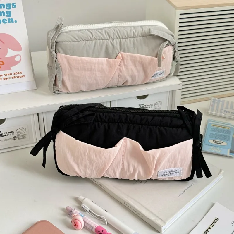 1 Piece Cute Korean Fashion Bow Pencil Case Soft Fabric Casual Large Capacity Stationery Case Portable School Pen Bag Student image 2