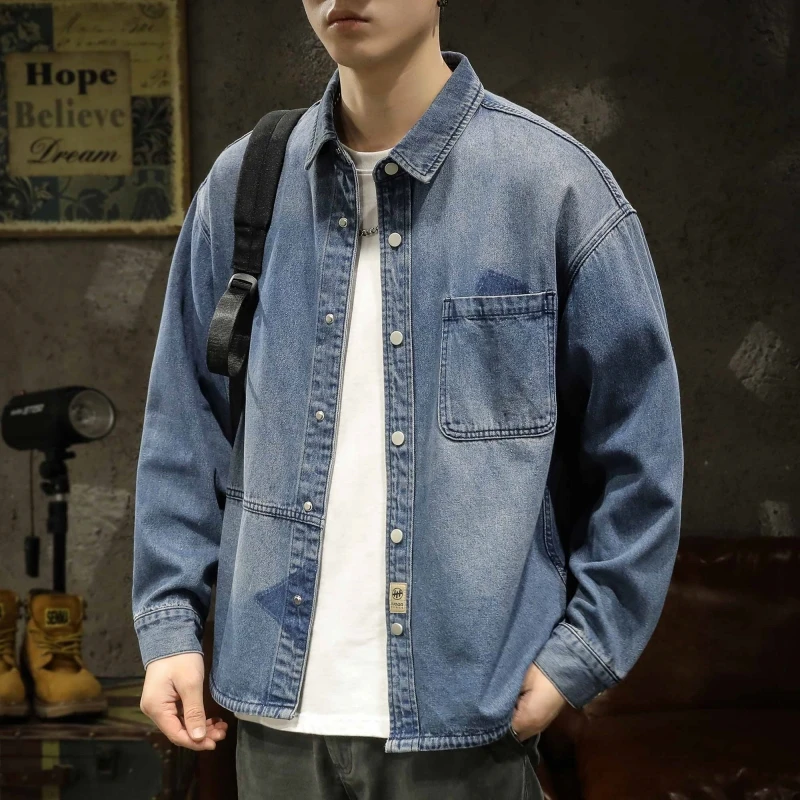 

American Sle Heavyweight Men's Denim irt Loose Workwear Jaet Trendy Spring Autumn Casual Loose Fit Button down Coat