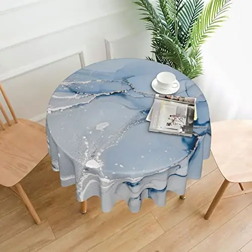 Marble Tablecloth Round 60 Inches Farmhouse Silver and Blue Round Tablecloth Polyester Washable Marble Table Cloth Table Cover