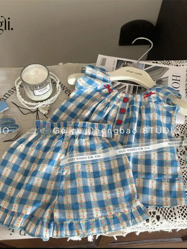 Terno xadrez feminino de duas peças, vestido de bebê, xadrez azul, roupa simples coreana, moda verão, novo, 2024