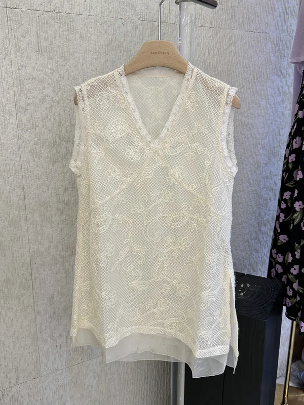 

Romantic Korean Style Lace Hollow out Sleeveless Vest Women's Mid-Length Shirt Mesh Splicing V-Neck Spring Summer Fashion