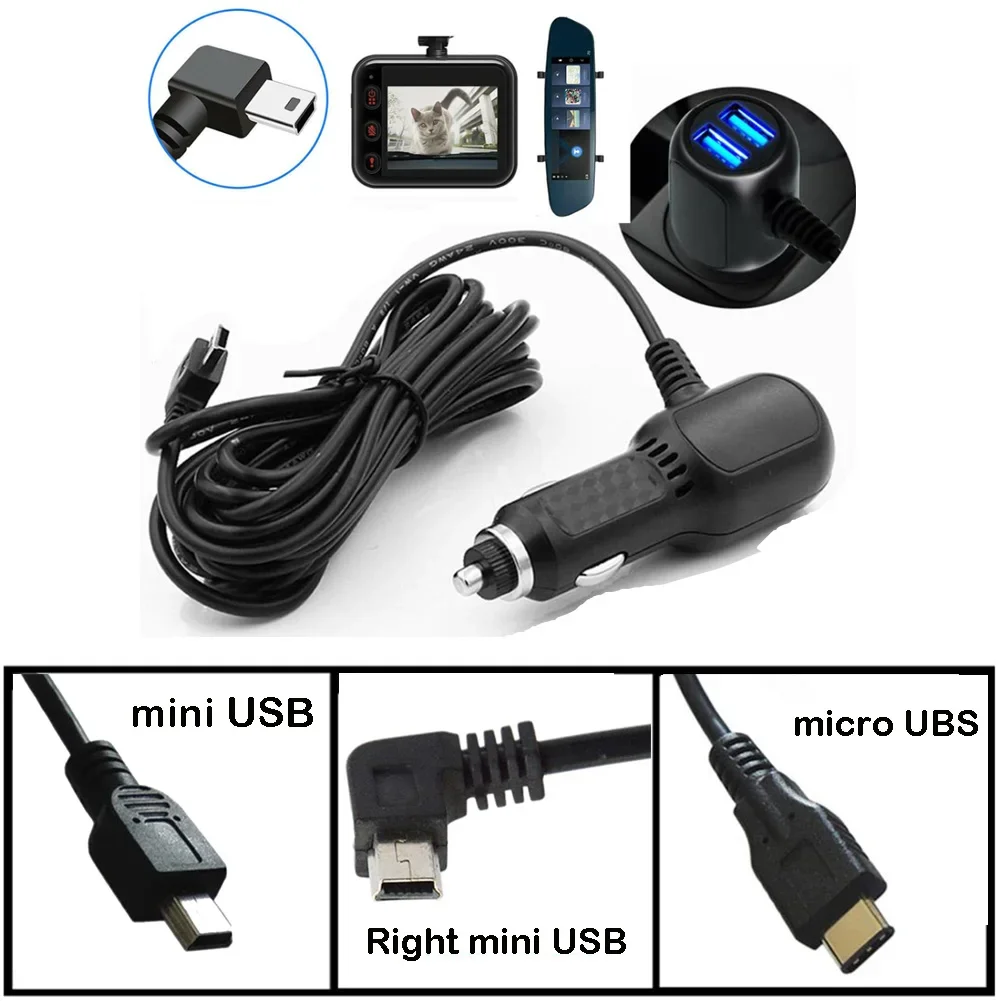 High Quality Dash Cam Car Charger ABS 2in1 Multi-function 3.5A 3.5m Multi-function 12v - 24v Blue LED Light DVR Charging Cable