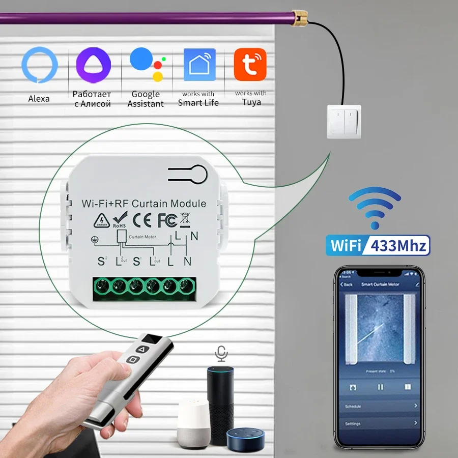 Tuya Smart WiFi Curtain Switch 433MHz Remote Control Module for Electric Roller Shutter Blind Motor Works with Alexa Google Home
