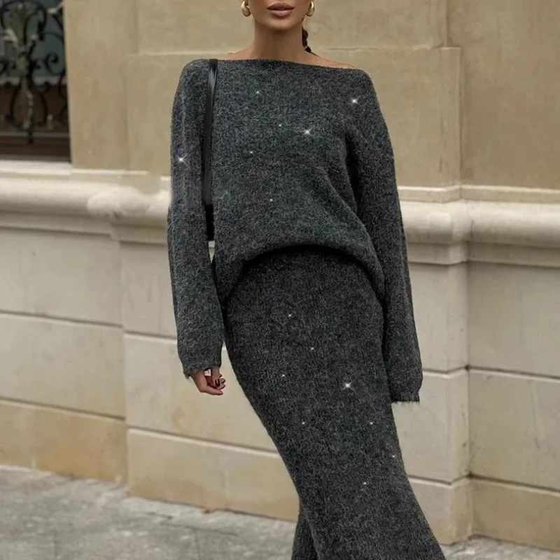 

2025 New Lazy Style Loose Top Fishtail Skirt Set Women's Round Neck Knitted Glitter Set Shining