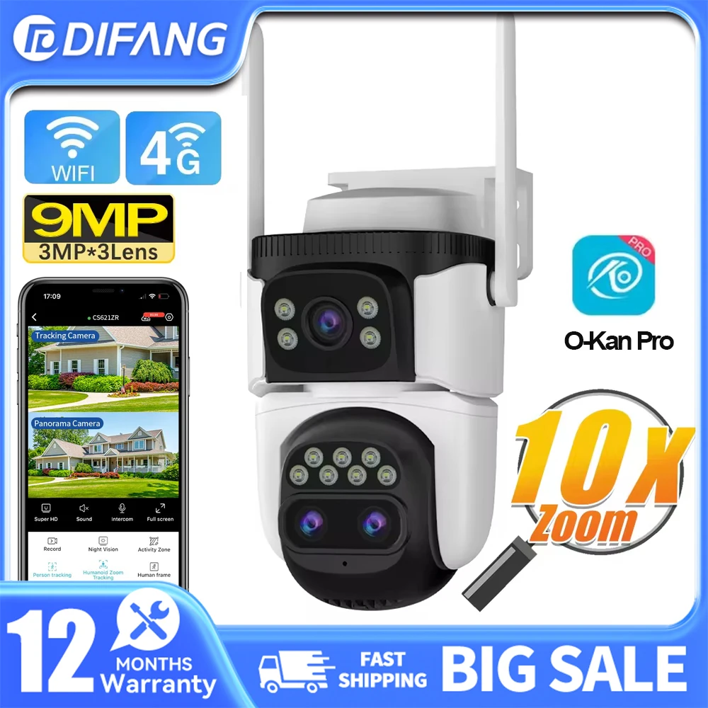 

DIFANG Трехобъективная 360 Камера безопасности Wi - Fi 4K Камера наружного воздуха 10 - кратный фокус Двойной вид Проверка движения человека Домашняя 4G LTE Камера замкнутого телевидения