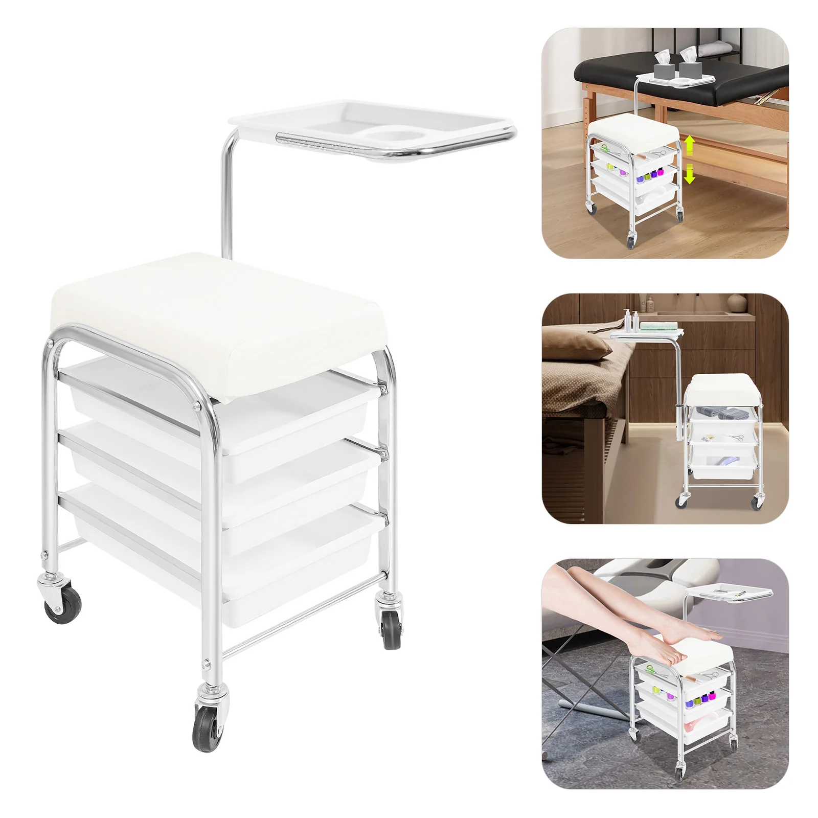 

Белая железная тележка для маникюра, тележка для хранения инструментов для маникюра и педикюра, регулируемый по высоте лоток для дома, офиса