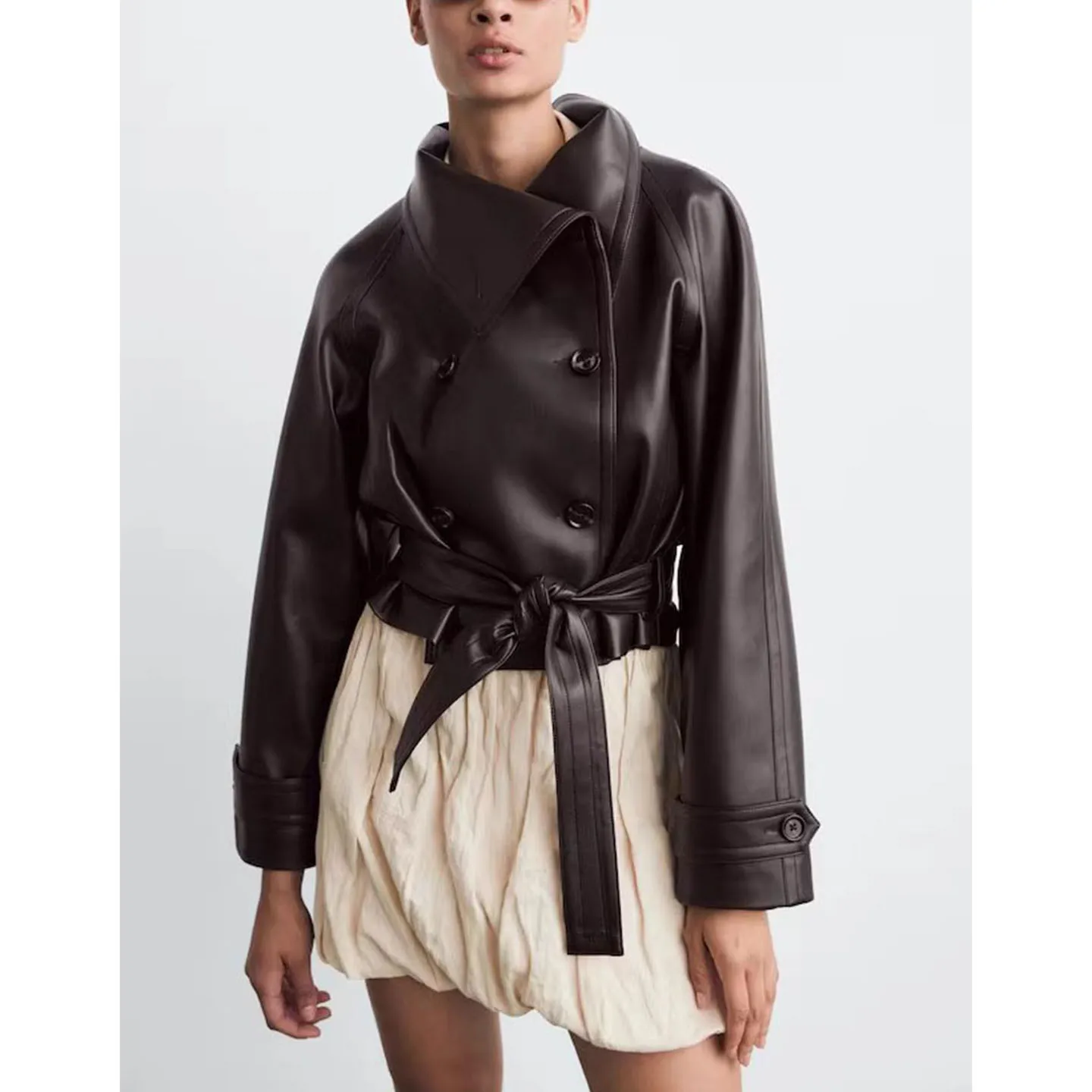 خريف جديد المرأة طويلة Sve الوقوف طوق بولي Leather تأثير الجلود ort Jaet معطف مع حزام Faionable سليم صالح تخفيف Sle