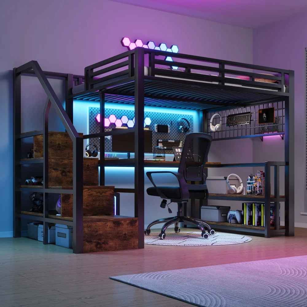 Cama Alta Multifuncional con Estructura de Hierro de 140×200cm, Cama Ahorradora de Espacio con Escritorio, Escalera con Almacenamiento, LED y 2 USB+1 Tipo-C