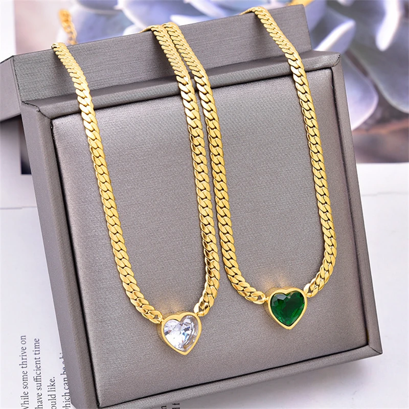 316L Stainless Steel New Fashion Waterproof Jewelry Zircon Love Heart Charm Thick Chain Choker Necklaces Bracelets For Women