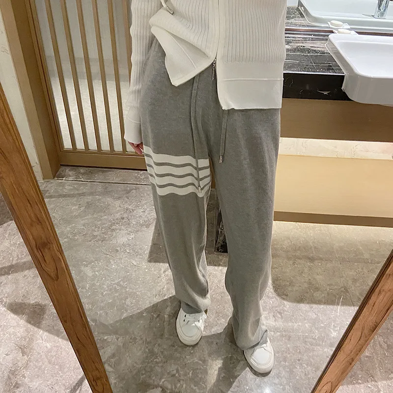 Wool Knit White Four-bar Sweat Pants Stretch Waist Striped Slim Women's Straight Leg Pants Unisex Couples Casual Trousers Trend