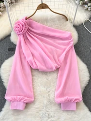 2024 New Summer See Through Blouse Off Shoulder Pink Women Tops France Lantern Sleeve 3D Floral Fashion Office Lady Chiffon Tops