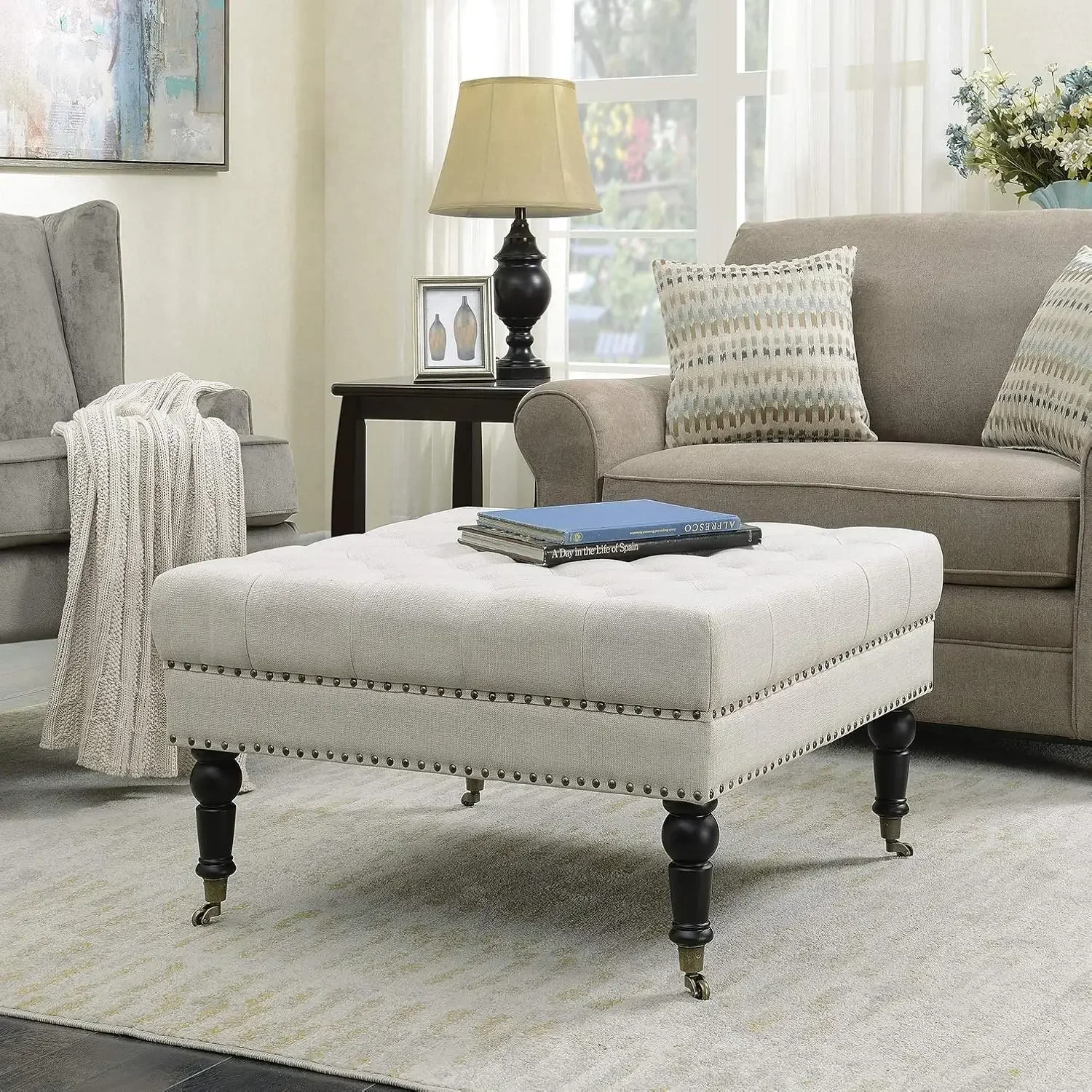 Contemporary Classic Footsool Bench with Button Tufted Top, Nailhead Trim, Wood Legs - Ravenna (Beige)