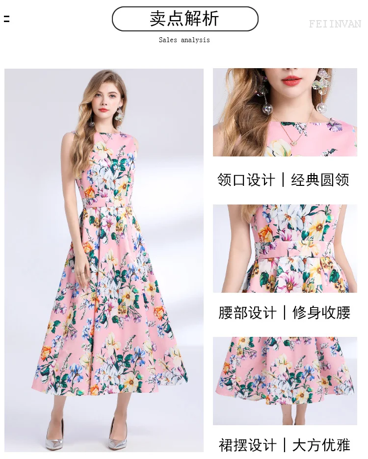 Férias de verão rosa vestidos florais feminino tanque colete sem mangas fino cintura alta bolso flor impressão praia festa midi vestido