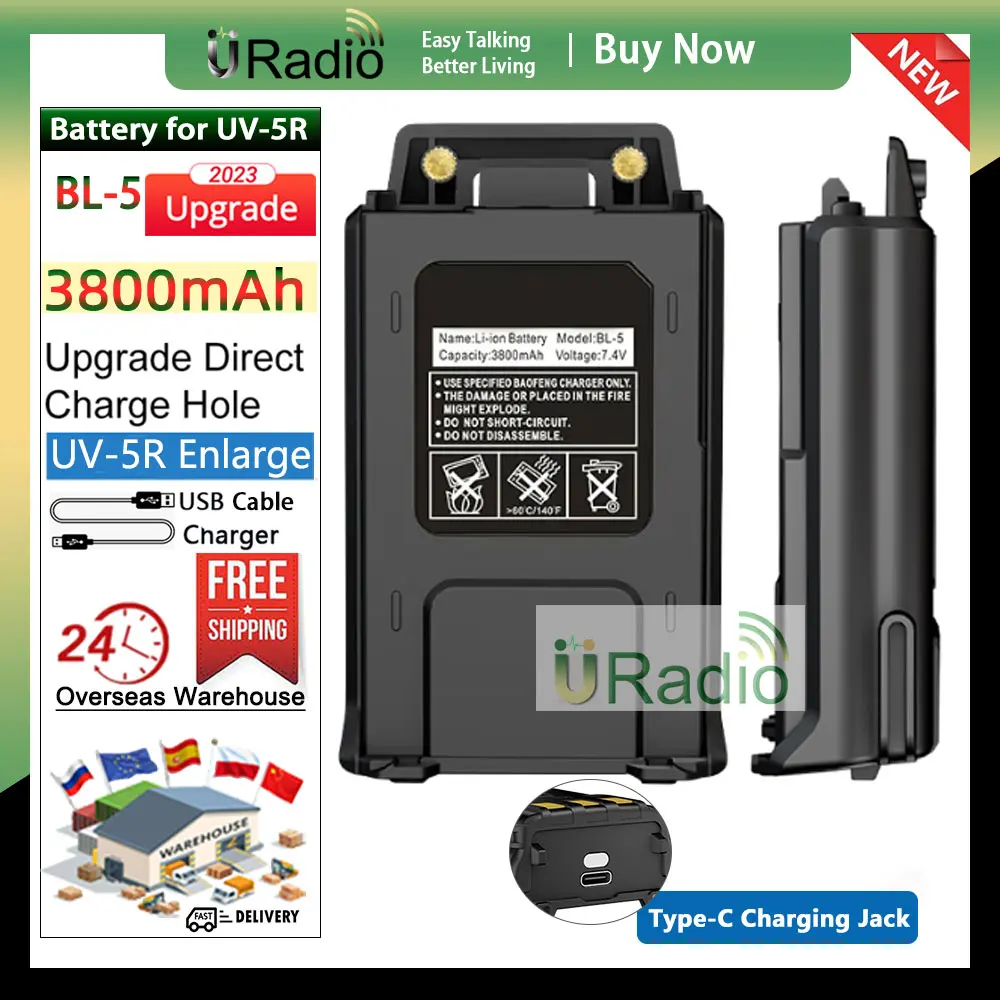 Upgrade 3800mAh Battery for Baofeng UV-5R TypeC Fast Charge BL-5 Batteries for F8HP F9 5RA 5RE 5X3 Walkie Talkie Enlarge Battery