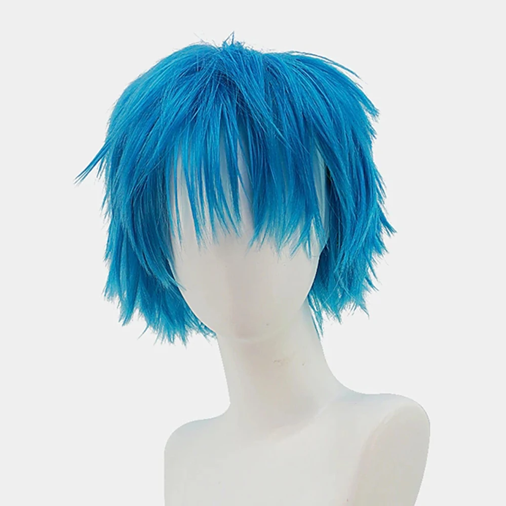 Blue Short Synthetic Natural Wave Wig With Bangs For Party Fiber Daily Wear Fashion Wig High Temperature Fiber Wigs