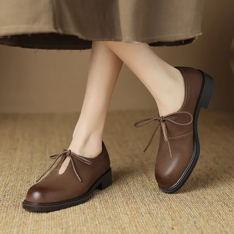 NEW Spring/Autumn Women Pumps Genuine Leather Shoes for Women Round Toe Chunky Heel Shoes Casual Lace-up Low Heel Handmade Shoes