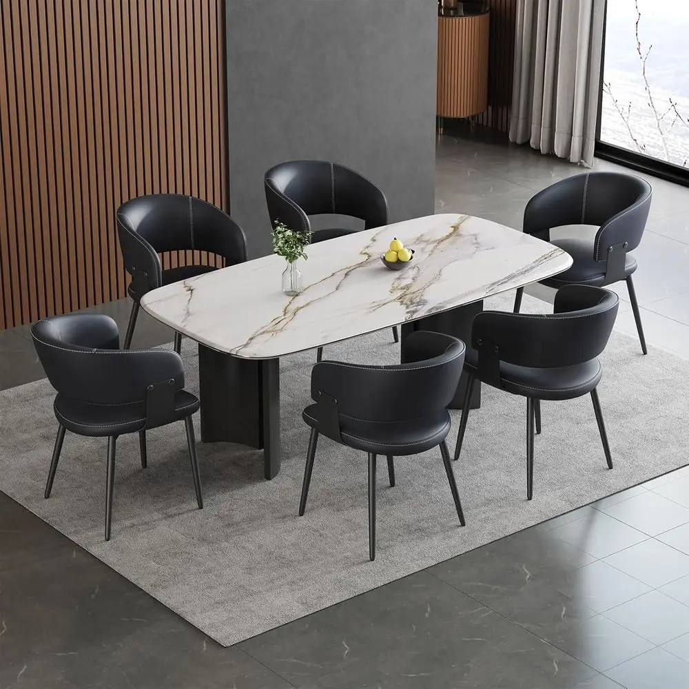 

6-Piece Leather Upholstered Dining Chairs Set with Curved Back and Metal Legs for Kitchen or Dining Room (Black)