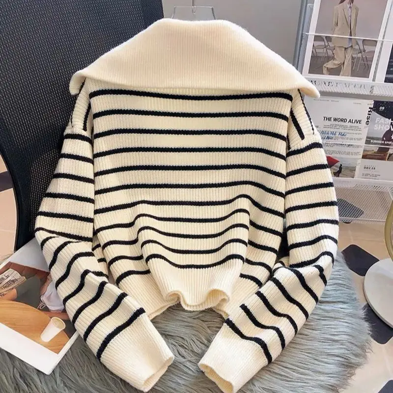 French Vintage Stripe Sweater Korean Sailor Collar Half  Zipper Knitted Coat Women\'s Spring Autumn New Loose Casual Pullover Top