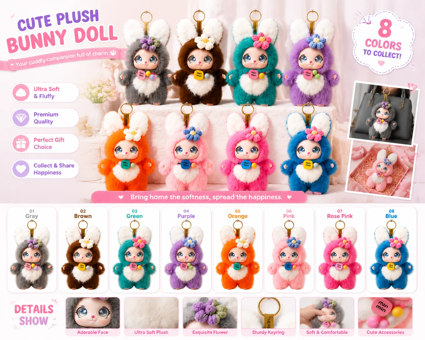 

Fluffy Bunny Key Ring Soft Toy Bag Pendant Birthday Holiday Gift