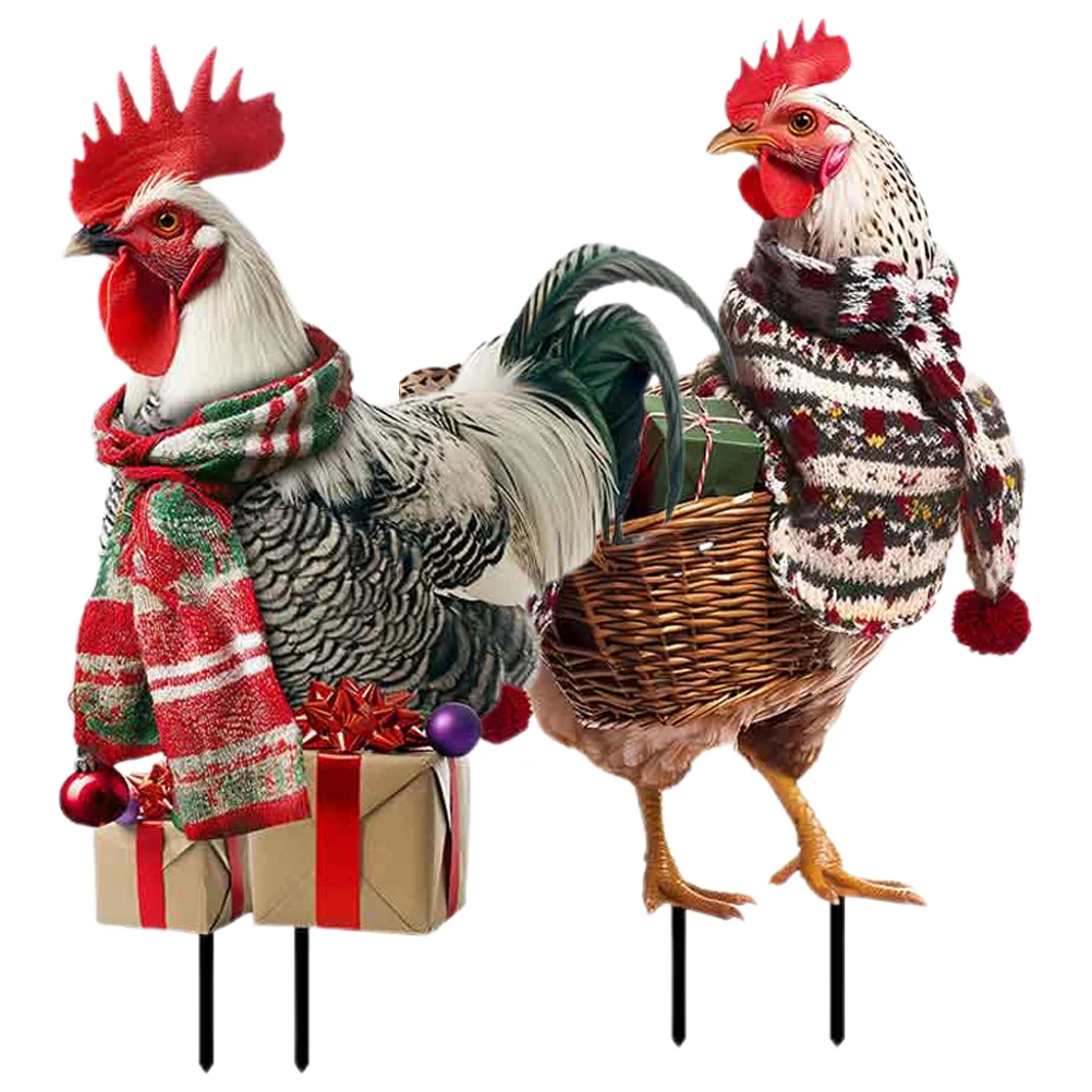 

2pcs Rooster Garden Stakes Metal Yard Decor Lawn Ornaments Iron Christmas Halloween Farm Animal Simulation Insert