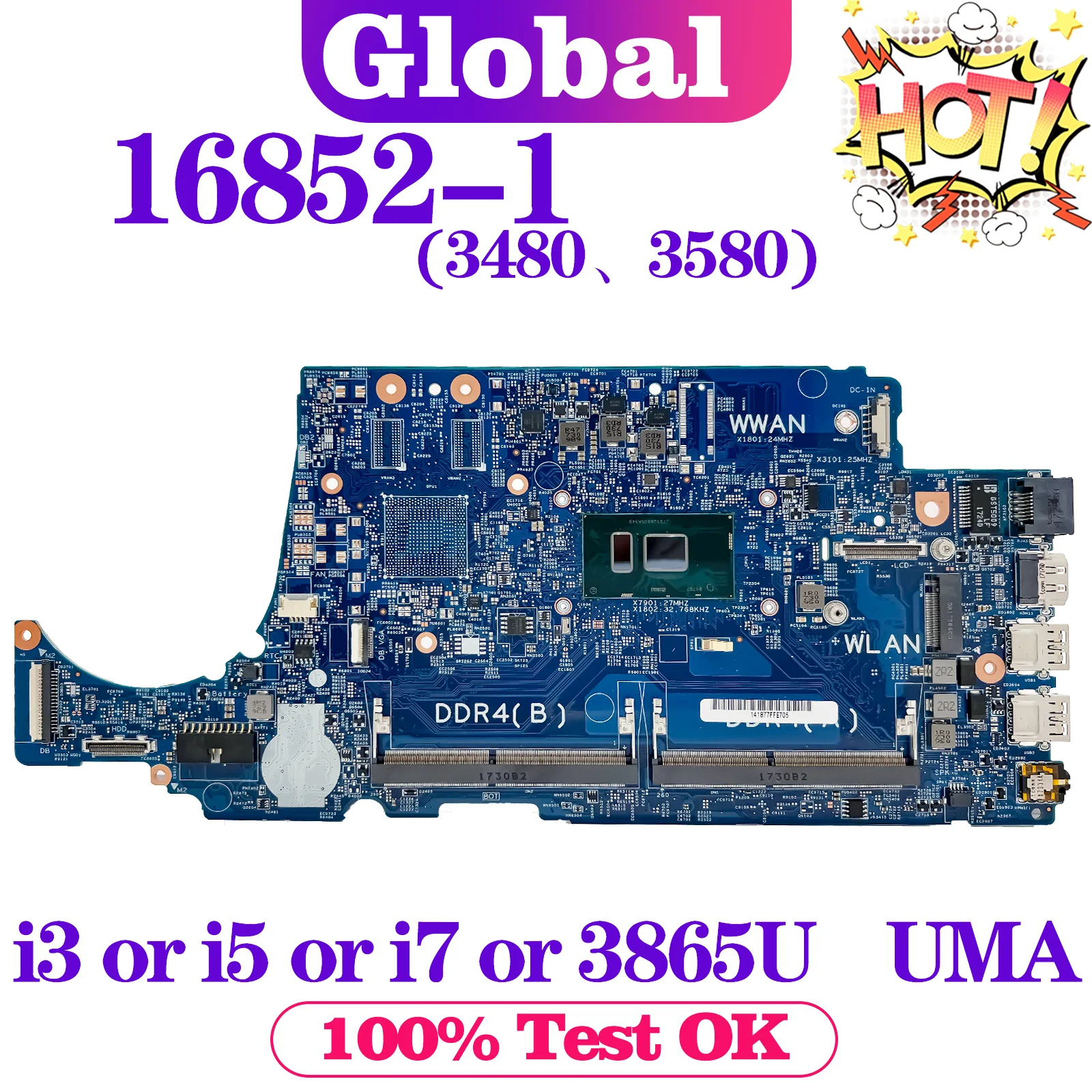 KEFU 16852-1 Mainboard For Dell Latitude 3480 3580 Laptop Motherboard 3865U i3 i5 i7 6th/7th Gen UMA DDR4