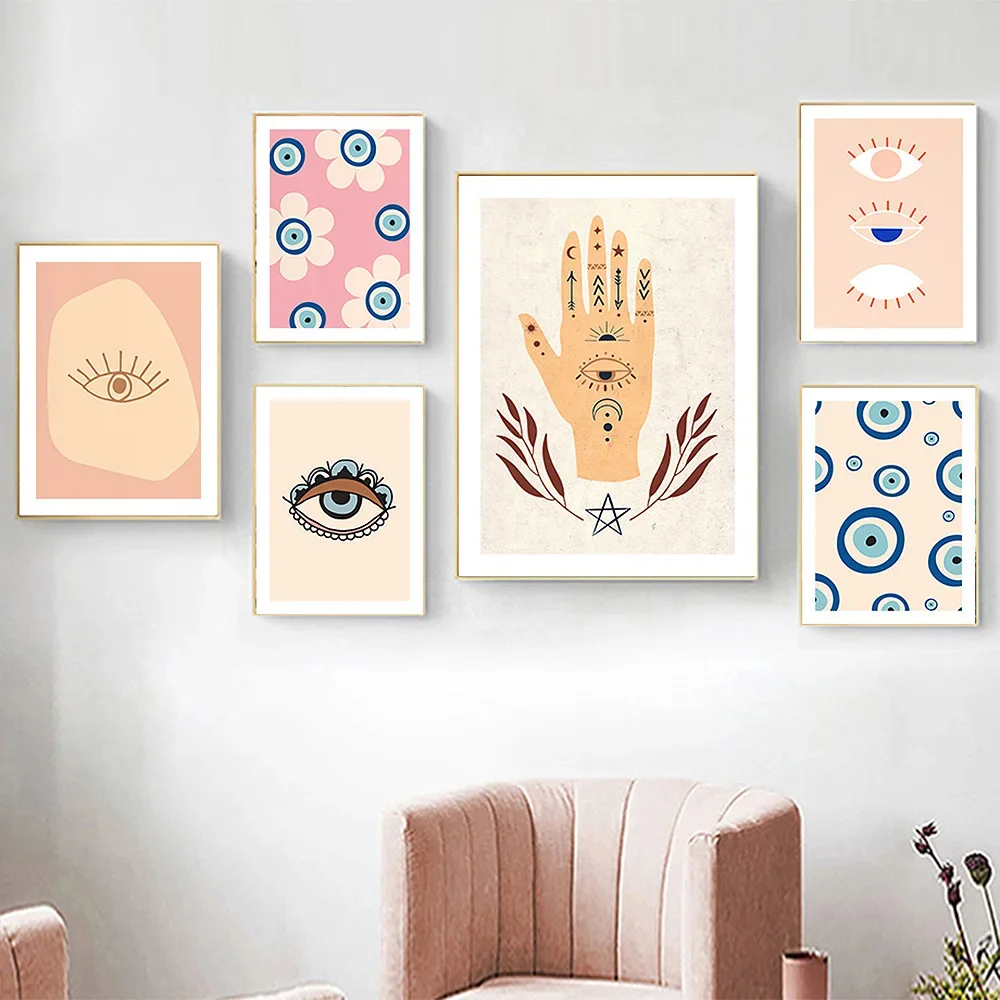 Canvas Painting Nordic Posters and Prints Boho Lucky Turkish Greek Eyes Evil Eyes Hand Wall Art Islamic Pictures Wall Home Decor