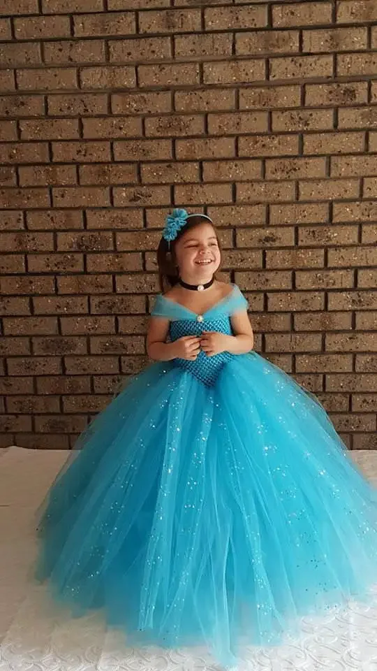 Turquoise blue Glittery Kids Girl Dress Wedding Party Photograph V- Shaped Girls Tutu Dress for Party Spark Tulle Girls Clothes