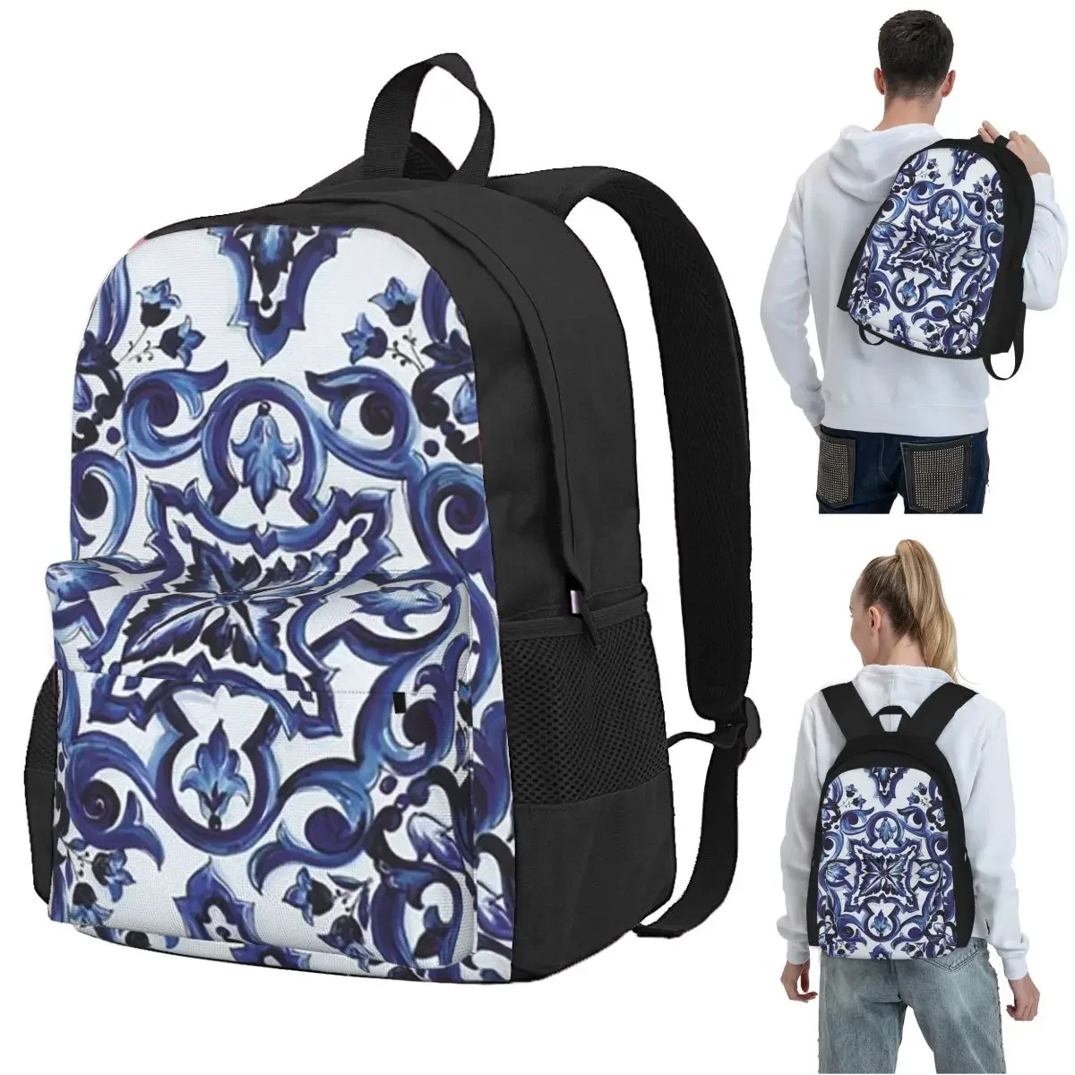 Blue Ornate Floral Mediterranean Sicilian Tile Backpack Student BookBag Children School BagComputer Shoulder Bags for Boys Girls