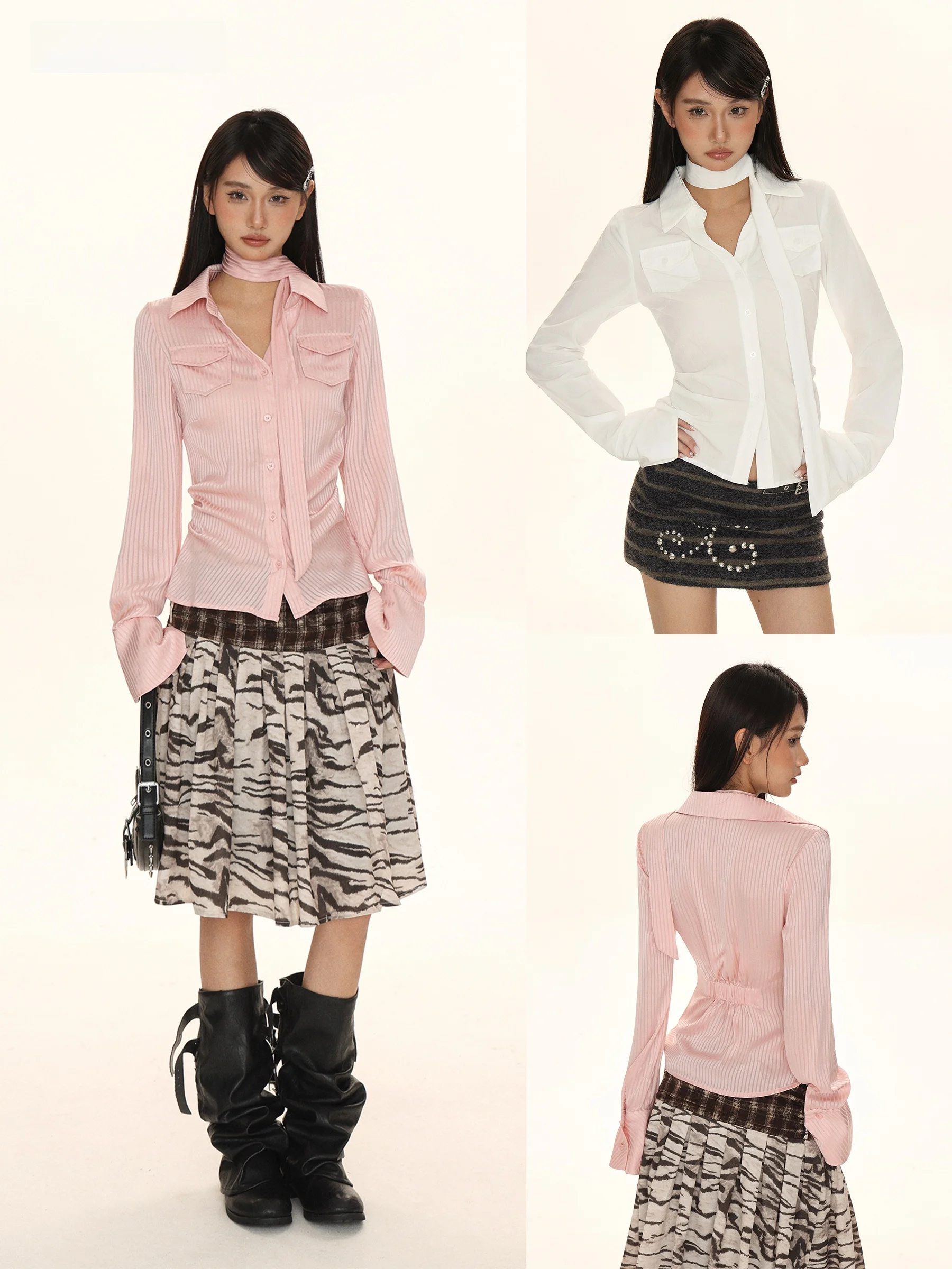 

Long Sve T-irt Women's Slim Fit Waist Cinched Sexy Top Sweet And Spicy Pleated Collar Bow Detail Autumn Wear
