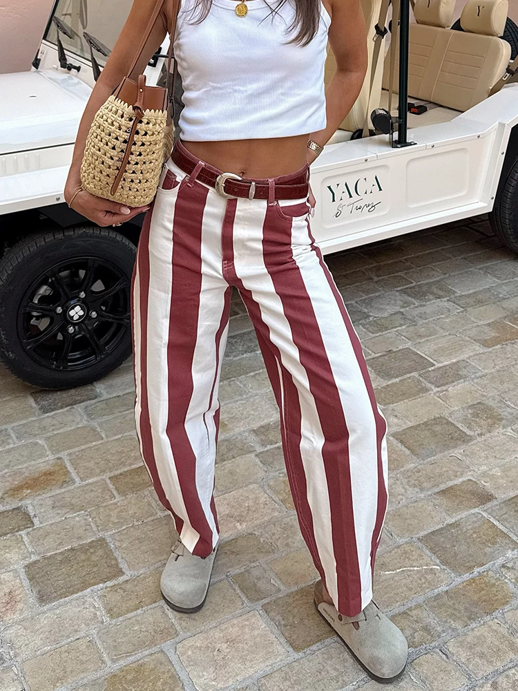 Fashion Stripe Contrast Women's Pants Loose Zipper Button Pocket Sickle‑shaped Trousers 2026 Spring Summer Lady Street Outwears