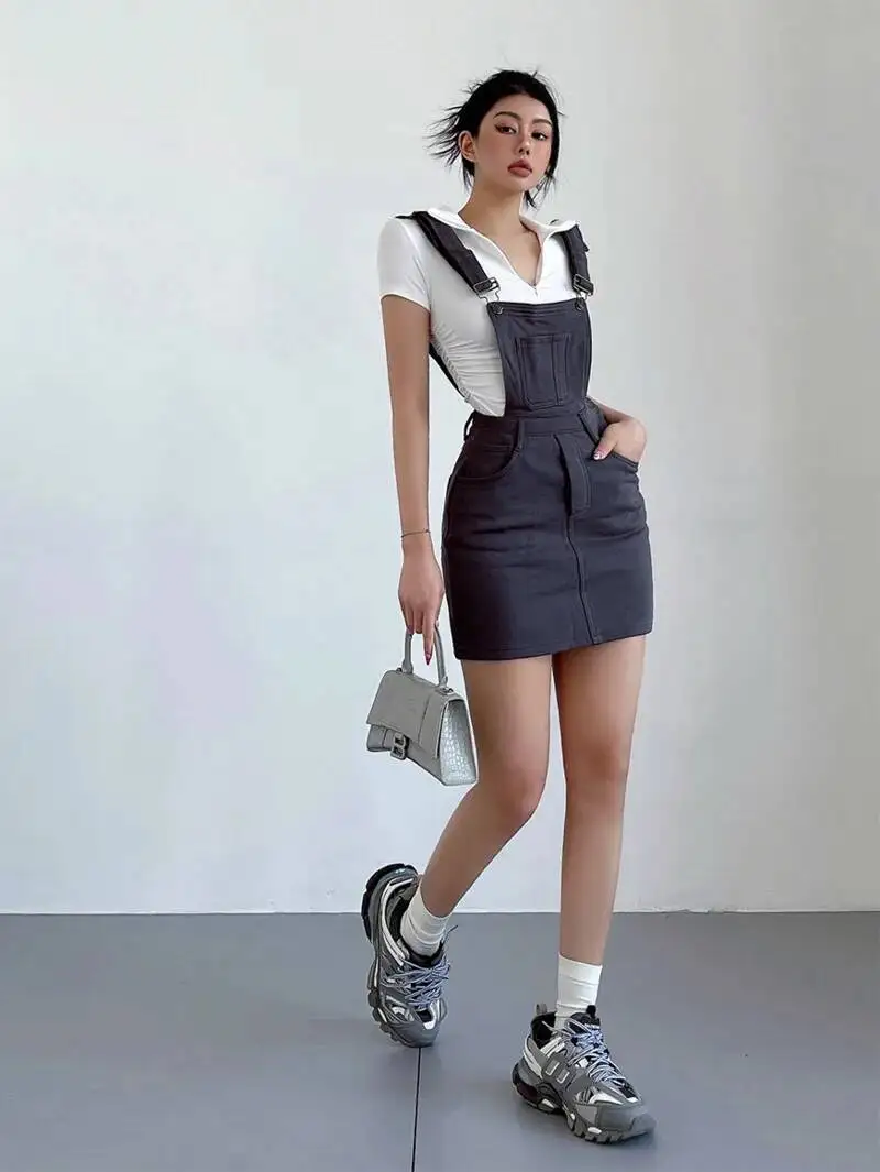 WOMENGAGA Amerikanisches verstellbares Strick-Träger-Minikleid, Denim-Damen, schmale Trägerkleider, hohe Taille, lila, süßer Sommer, FPQ4