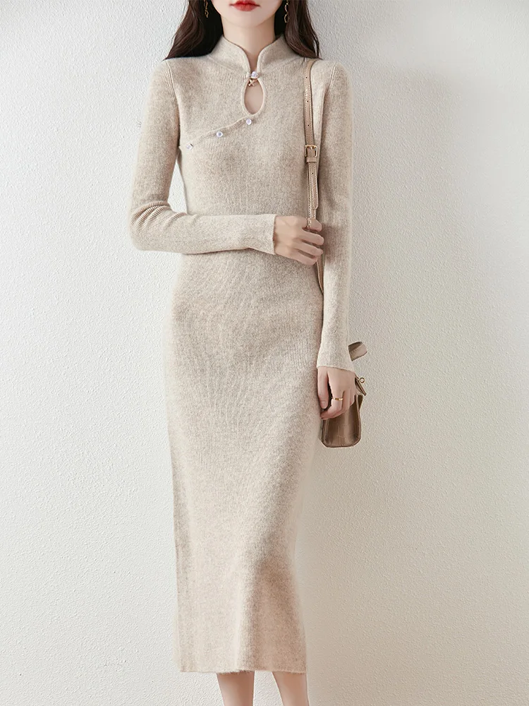 

Chinese Style Slim Fit 100% Pure Wool Pullover Dress Women Autumn Winter Retro Standing Collar Button Cashmere Knitted Sweater