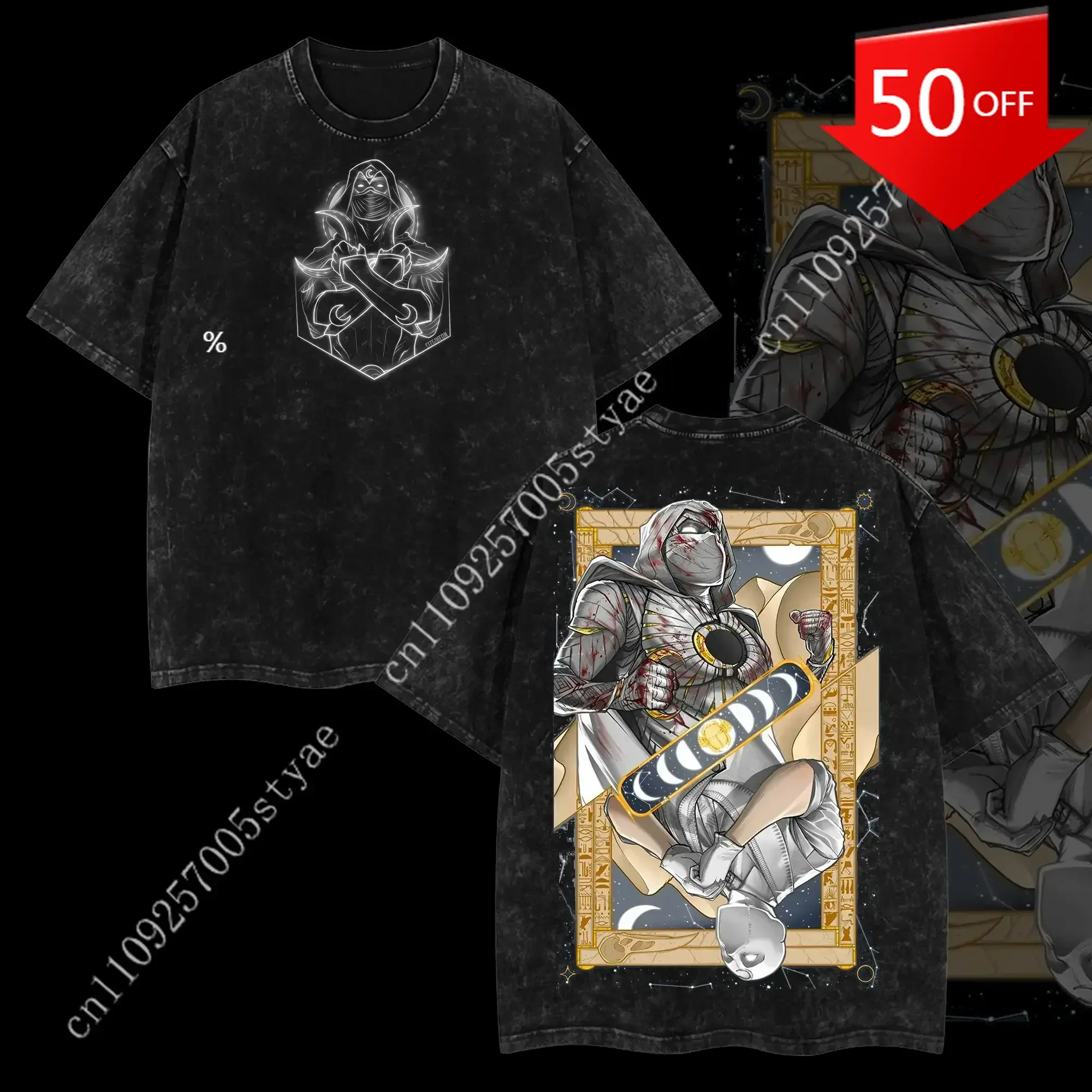 

Marvel Moon Knight "The White Knight" - MCU Edition Double Printed Oversize Lightweight Acid Washed Tee show Vintage Graphic