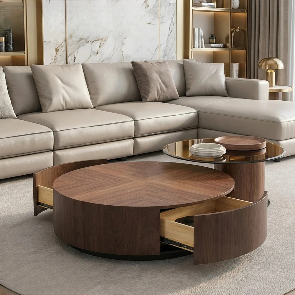 xx-Modern Luxury Round Low Glass Coffee Table Set Unique Multifunction Home Furniture With Drawers For Living Room^