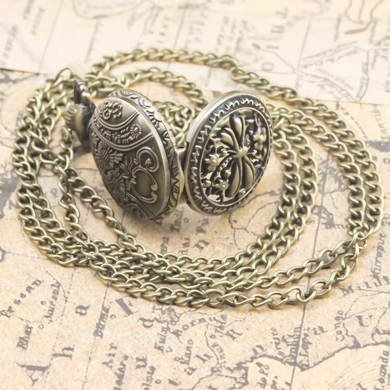 Small, Retro Bronze Steampunk Dragonfly Engraved Small Quartz Pocket Watch Necklace Pendant Clock Chain Men And Women Chain Gift