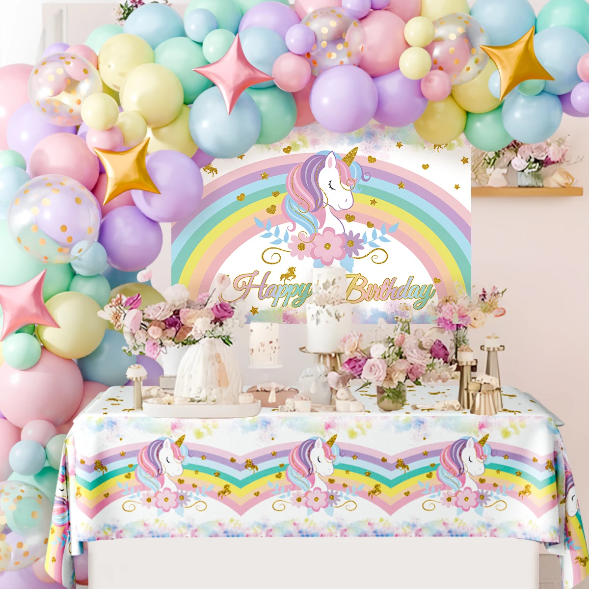 Jednorożec Balony Girlanda Zestaw Łuk Jednorożec Tęczowe Tło Obrus Dekoracja Urodzinowa Dzieci Baby Shower Girl Supplies