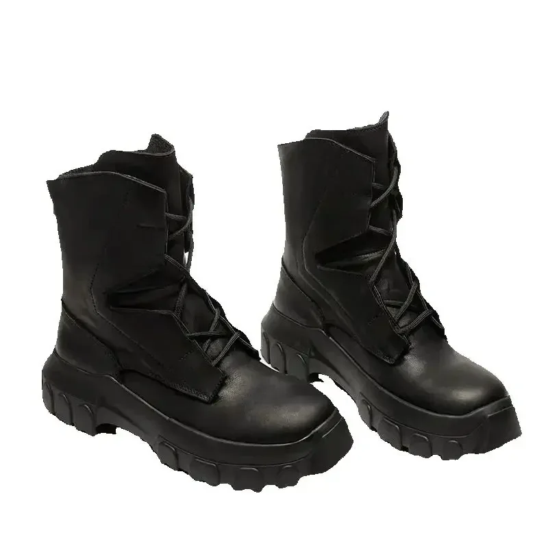 Sepatu High Top Pria Platform Sol Chunky Sepatu Bot Hitam Desainer Trendi Mewah Hak Gotik Bertali Kulit